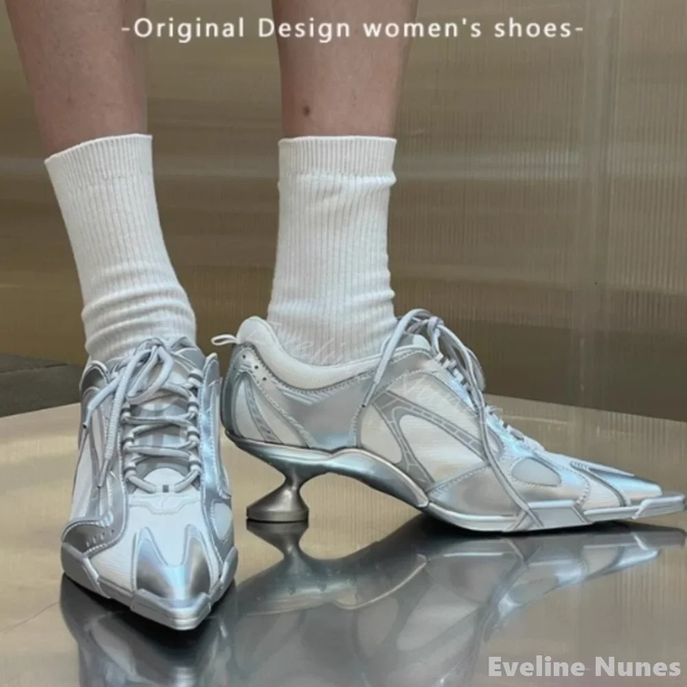 Mesh panel high-heeled sneakers women pointed toe lace up 5cm strange style black sports shoes 2024 new fashion leather sneakers