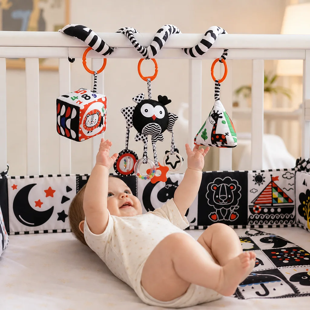 Newborn Crib Book Toys Sensory Cloth Book Square Towel Baby Soft Teether Stroller Hanging Ornament Toy Educational Montessori