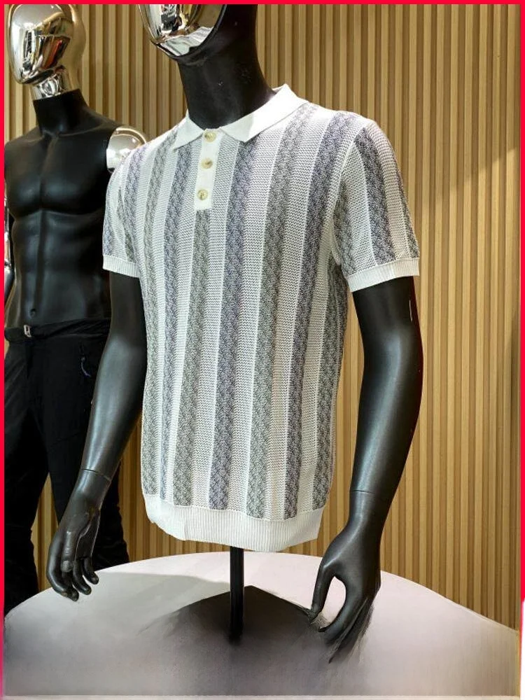 

Ele Gentleman Sle! Color Blo 3D Knitted irt! Comfortable Breathable Men's ort Sve Turn-down Collar Knitte...