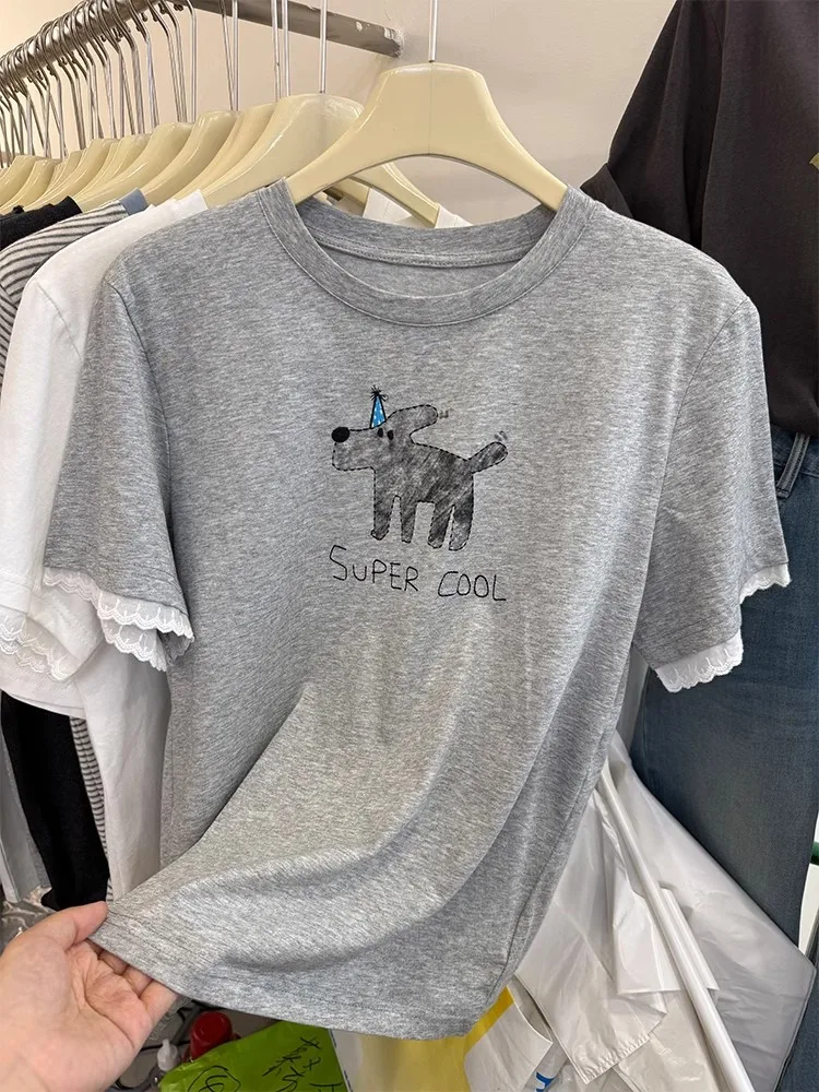 Grande taille 300 Pou dessin animé chien imprimé dentelle Sve rond Ne ort Sve T-irt femmes été nouveau Sle coréen coupe ample