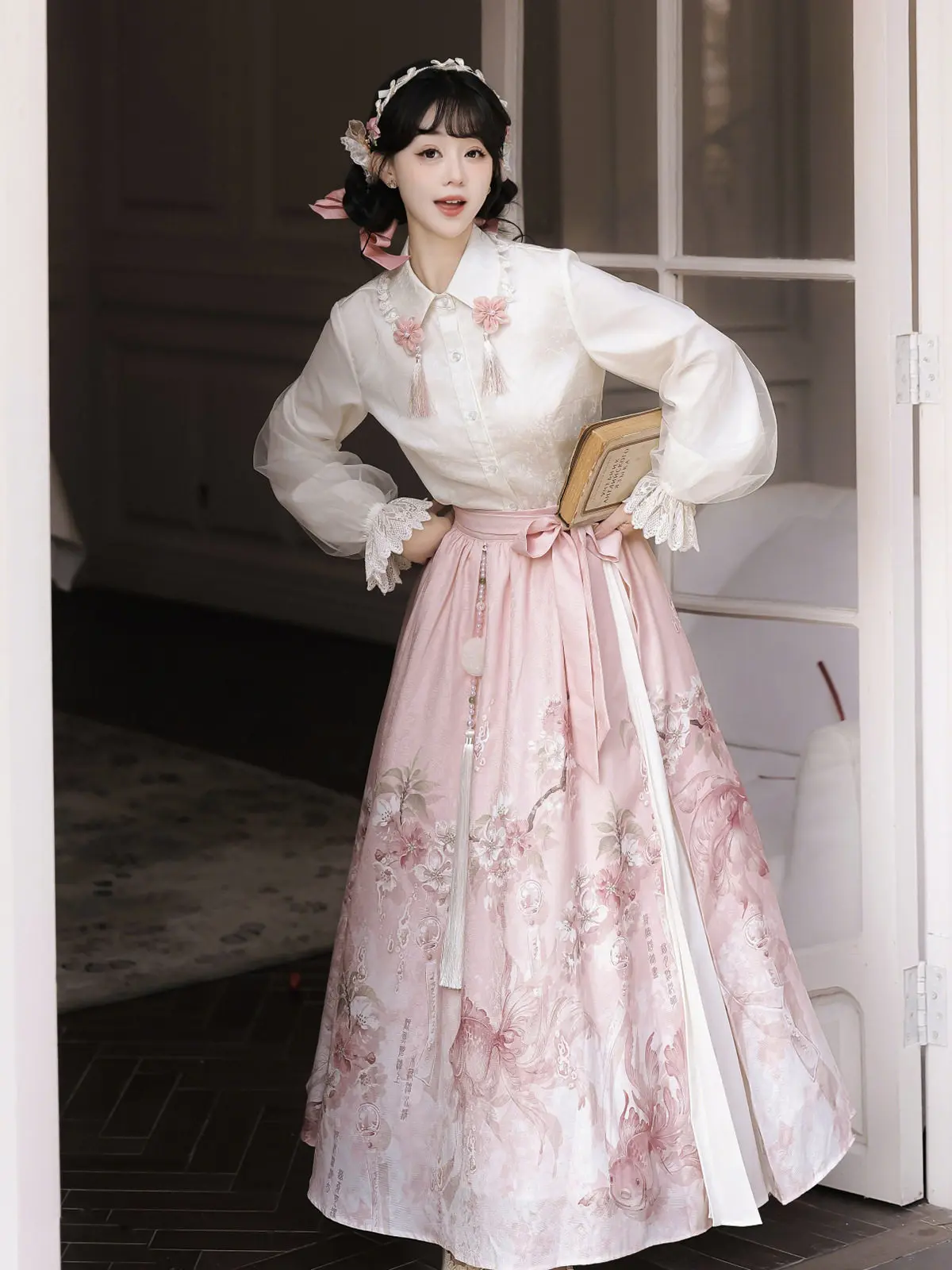 Original Improved Hanfu Women's Han Elements New Chinese Style Shawl Top Half Skirt Daily Suit Spring Top + Skirt + Shawl