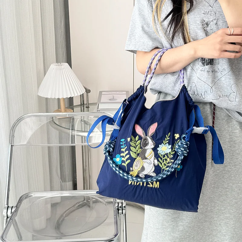 

Fashion Nylon Waterproof Drawstring Cute Rabbit Embroidery Bag Portable Shoulder Strap Shoulder Women Bag