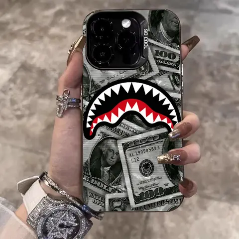 Street Trendy Cool Dollar Shark Electroplate Silver Phone Case For iPhone 17 Pro Max 11 12 13 14 15 16 Plus Air 16E XS XR Cover