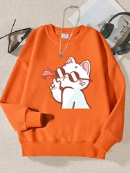 Lady Cat With Sunglasses Flying Kiss Sweatshirt Trendy Autumn Clothes All-Match Comfortable Streetwear Hip Hop Women Pullovers