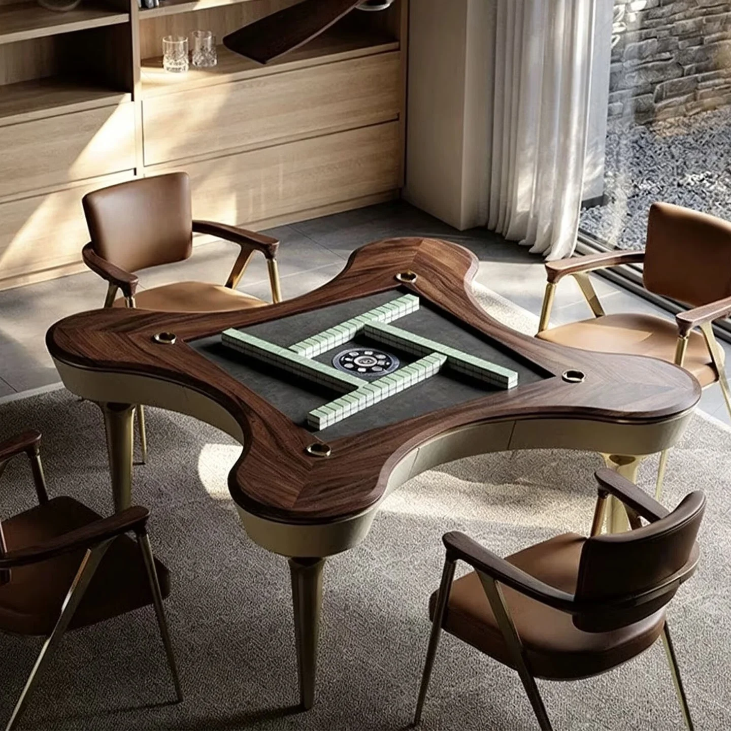 Luxury solid wood automatic mahjong table with hidden storage space, 4-person game design