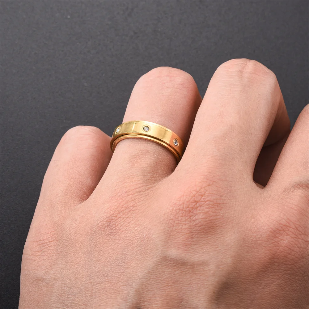 Crystal Anxiety Relief Spinning Ring For Couples Stainless Steel Rotate Freely Fidget Spinner Metal Rings Anillo Antiestres