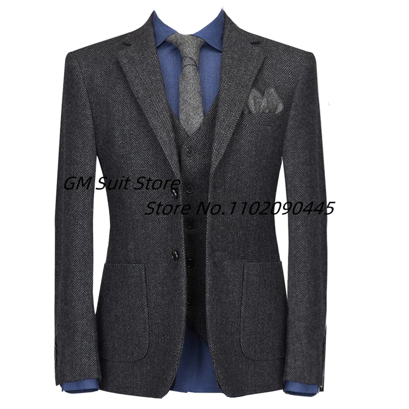 

Mens 3 Piece Suit Wedding Herringbone Tweed Classic Blazers Coat Vest Pants Business Formal Jacket Sets