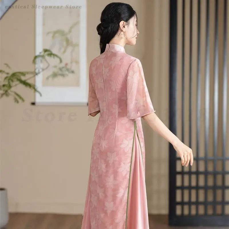 Rosa Langes Ao Dai Qipao Neues chinesisches bedrucktes Blumenkleid Traditionelles Stehkragen Cheongsam Vintage Abendpartykleid