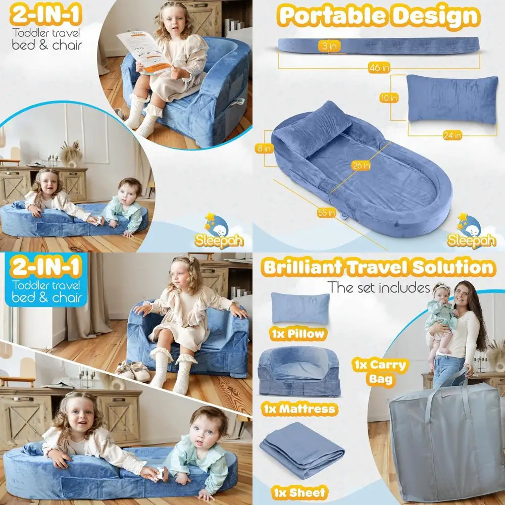 

Portable Toddler Bed & Chair - Raised Safety Bumpers (55 x 26 x 8) - Foldable Cot for Ages 2-6 with Sheet, Pillow & Case (Blue)