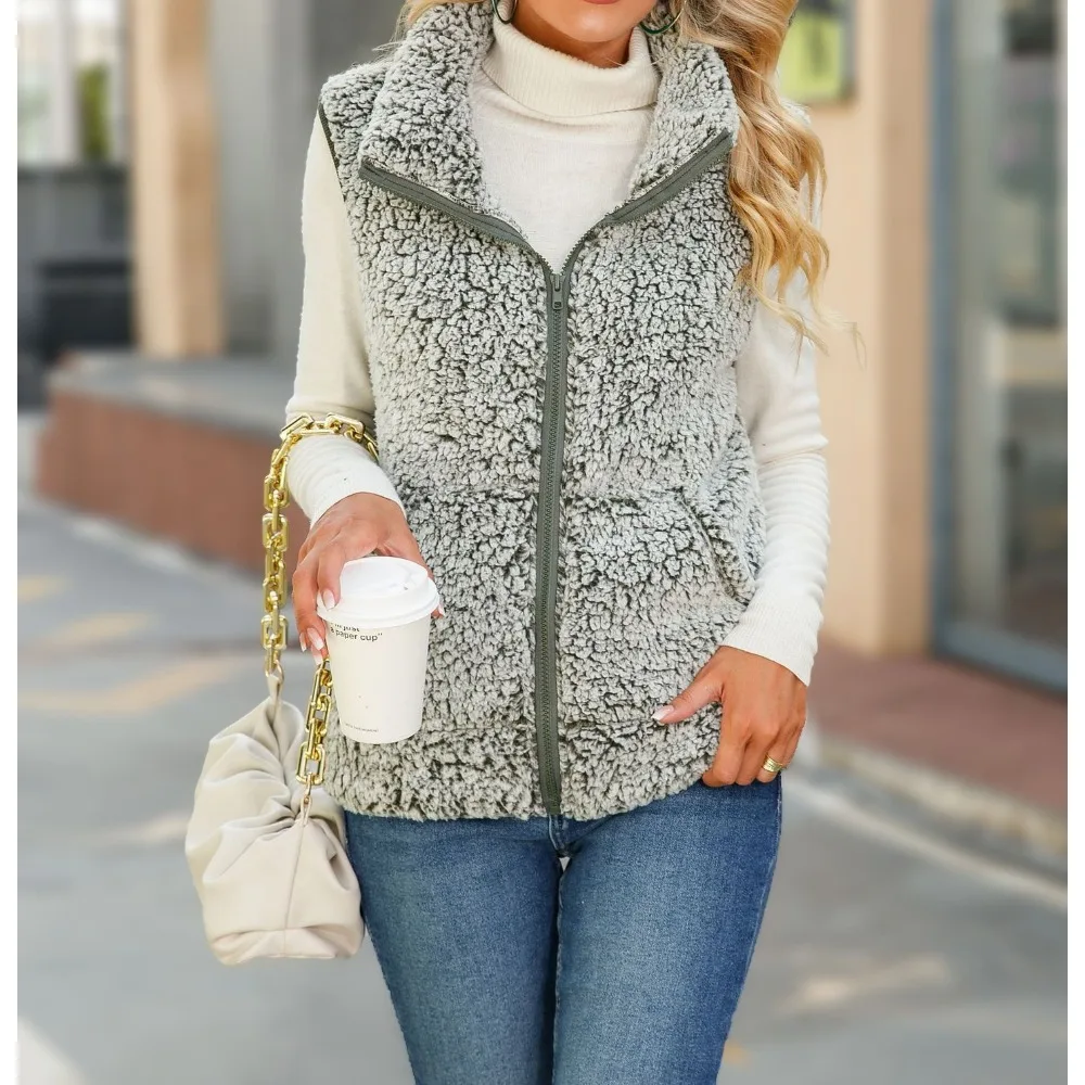 Autumn and Winter New Women's Fashion Round Neck Long Sleeved Zipper Non Iron Fading Treatment Bubble Velvet Vest