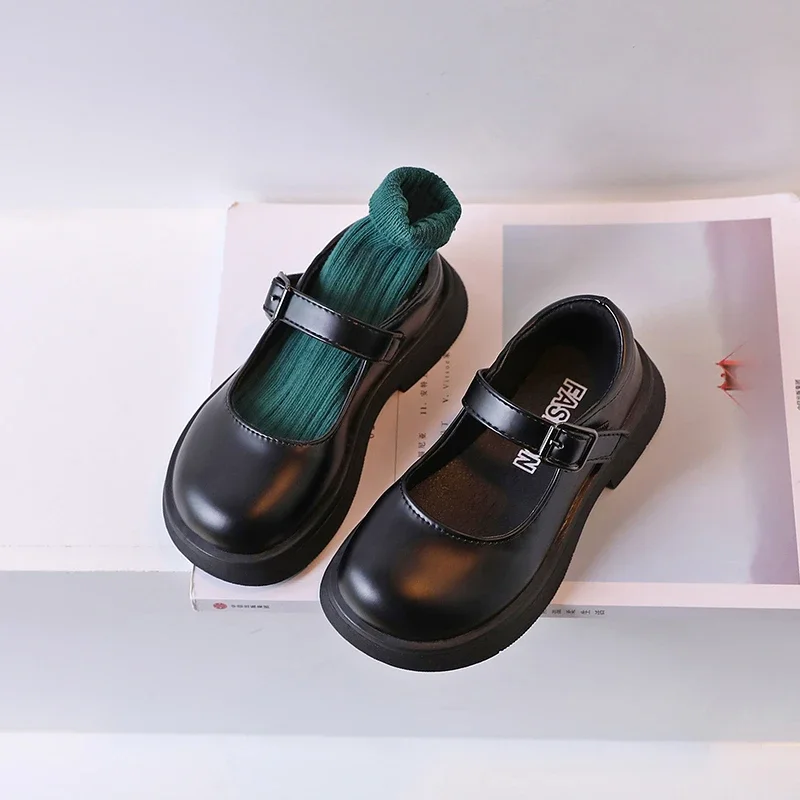 2024 New Black Girls Loafers for School Uniform Simple Round-toe Non-slip Round-toe Kids Versatile Soft Leather Shoes Children