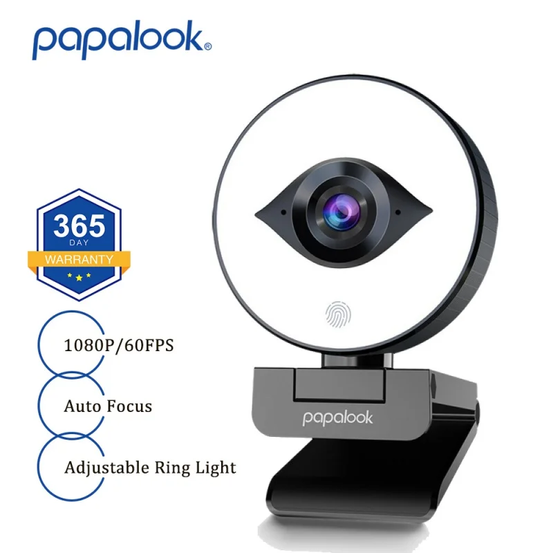 FHD 60FPS 1080P Webcam Live Streaming with Ring Light, PAPALOOK PA552 PRO USB Web Camera Autofocus 2 Stereo DSP MIC for Laptop