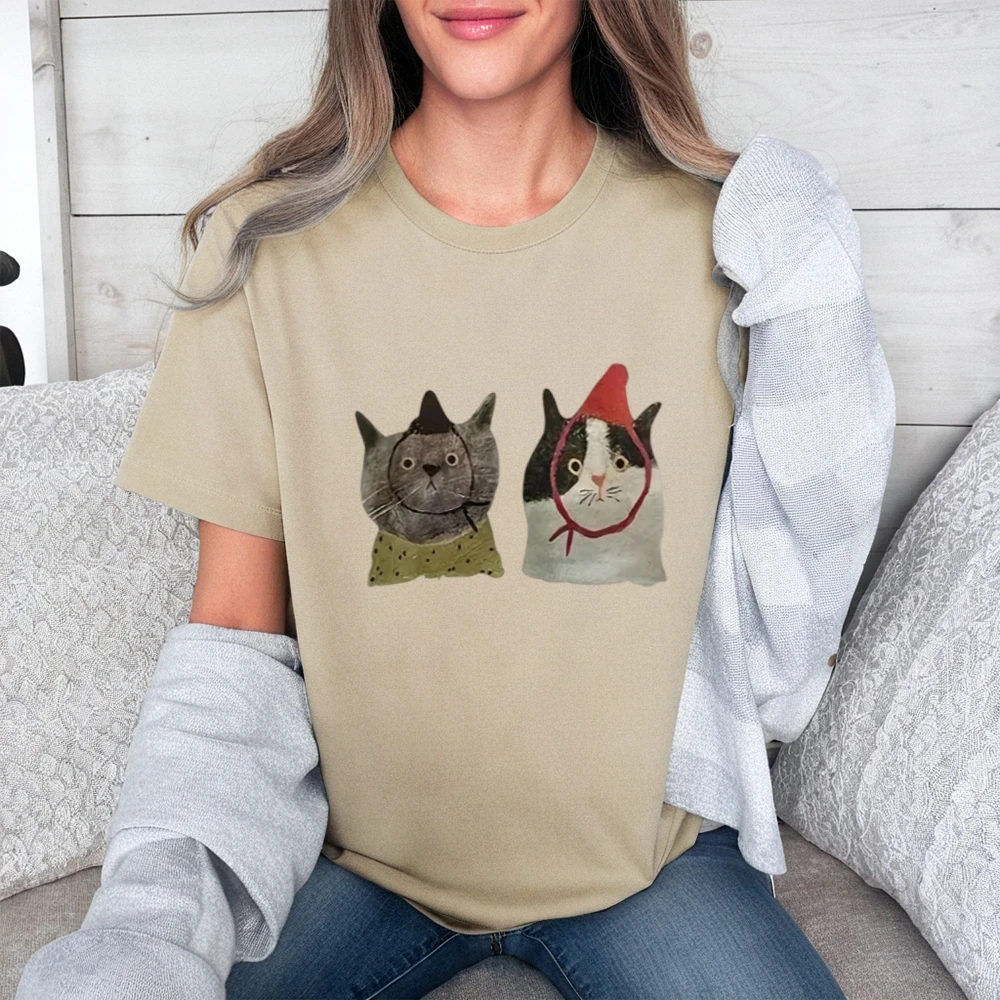 T-shirt grafica in puro cotone con stampa di due gatti manica corta Harajuku streetwear vestiti top in cotone carino per abiti causali da donna