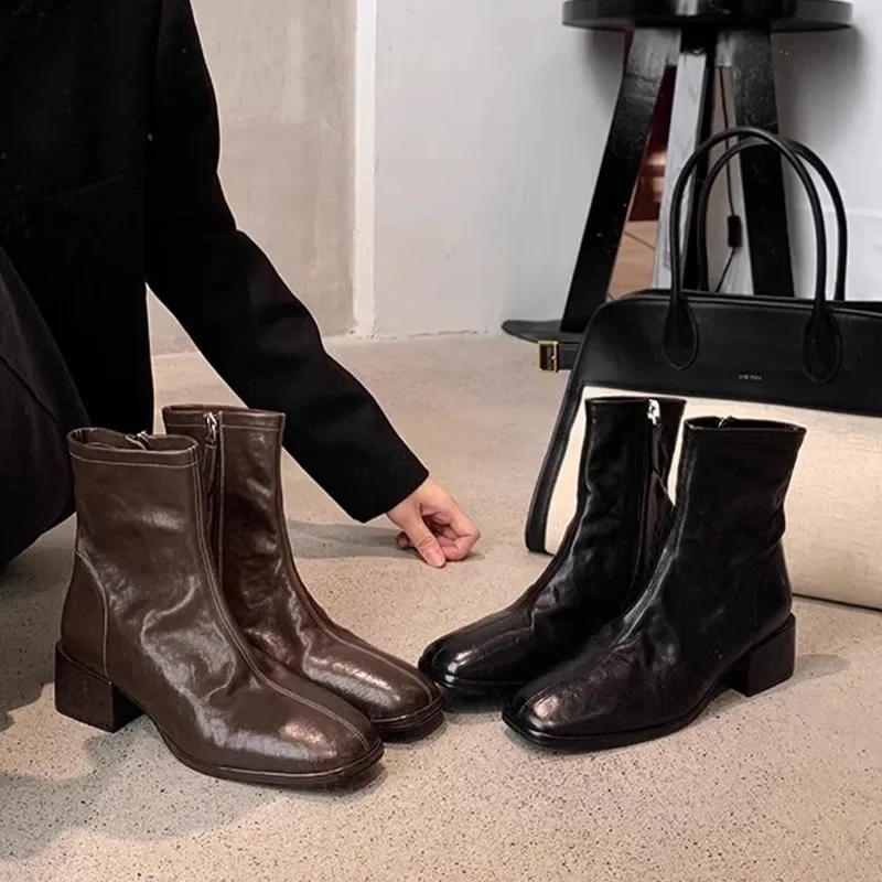 

Women's Shoes with Square Toe Genuine Leather Slim and Thick Heels Short Boots with Thick Soles Versatile Fashion Boots