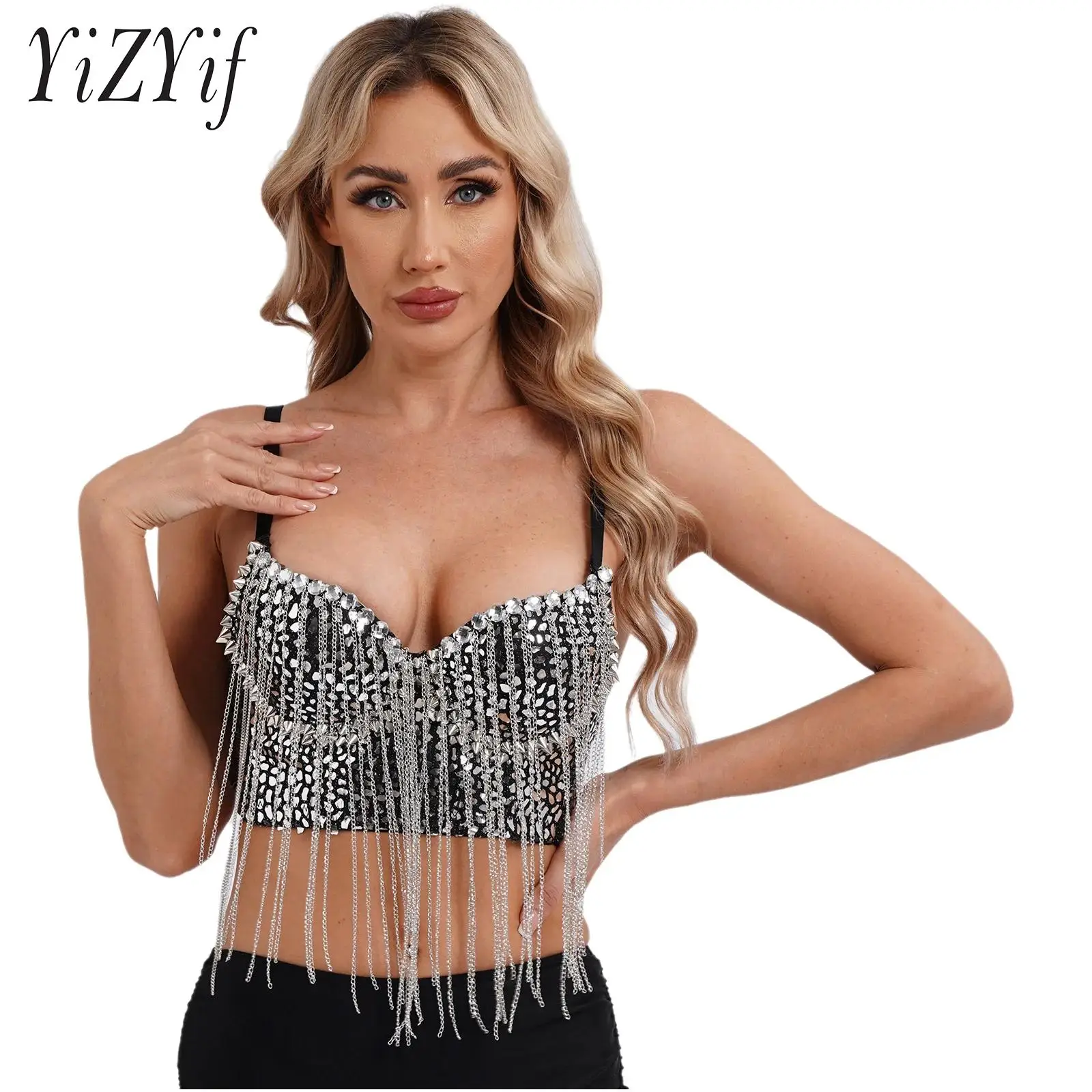 Women Bra Belly Dance Crop Top Rhinestone Tassel Chain Spaghetti Straps Underwire Push Up Shiny Corset Top for Festival Party