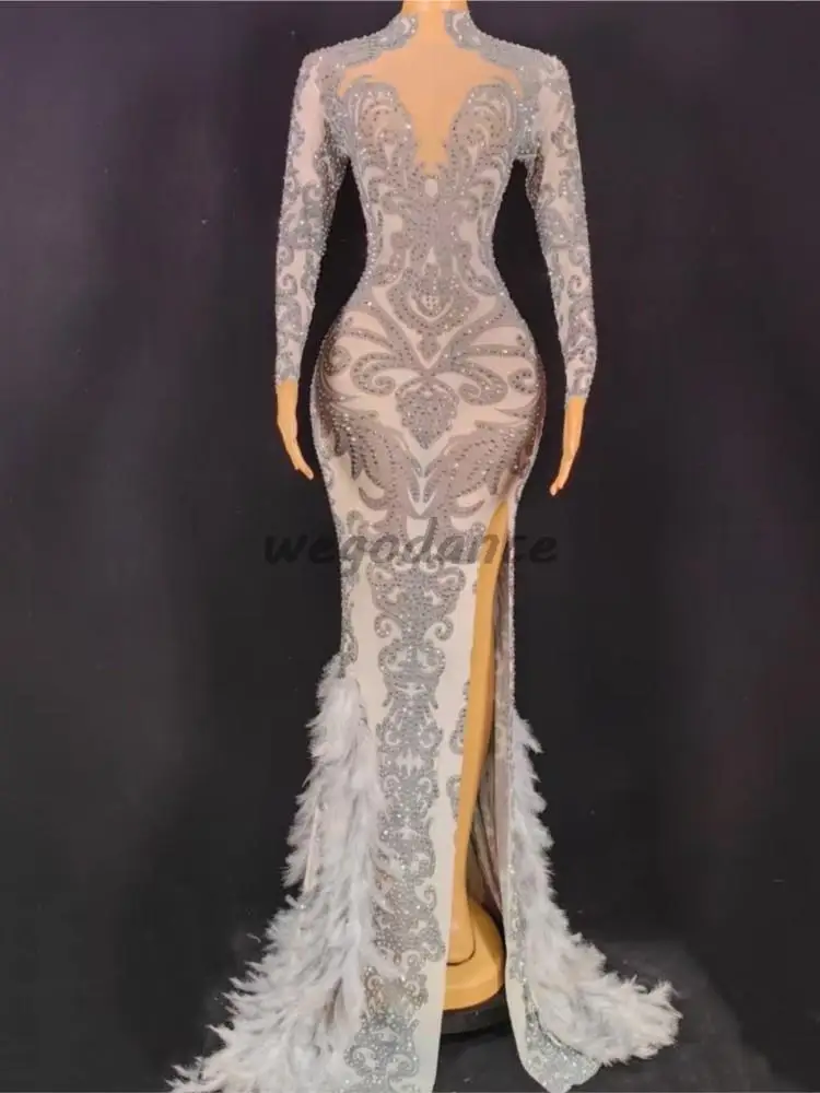 Custom Sparkling Feather Diamonds Sexy Slit Long Evening Dresses Plus Size Women's Clothing For Party