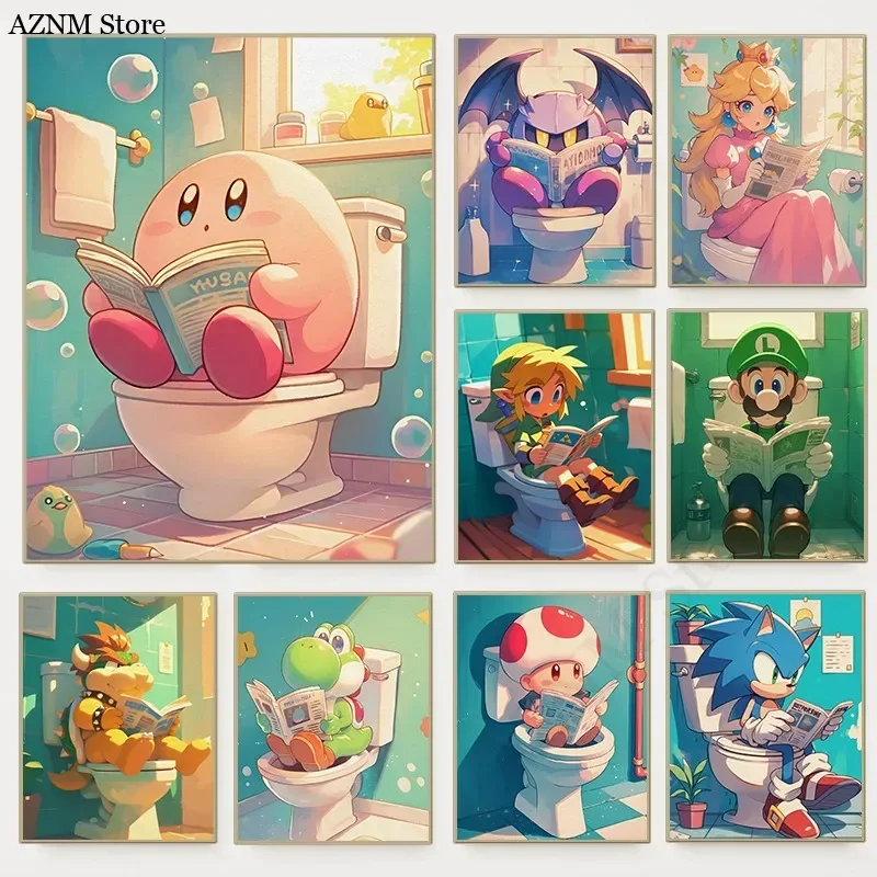 Funny Bathroom Cartoon Video Game Poster Cute Animated Characters Toilet Canvas Painting Wall Art Shower Room Kids Home Decor