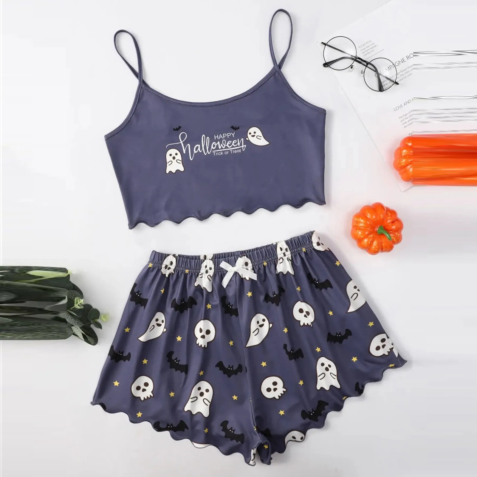 Women Halloween Spaghetti Strap Pajamas Sets Sexy Gothic Pumpkin Print Sleeveless Camisole+Shorts Suit Homewear Underwear Summer