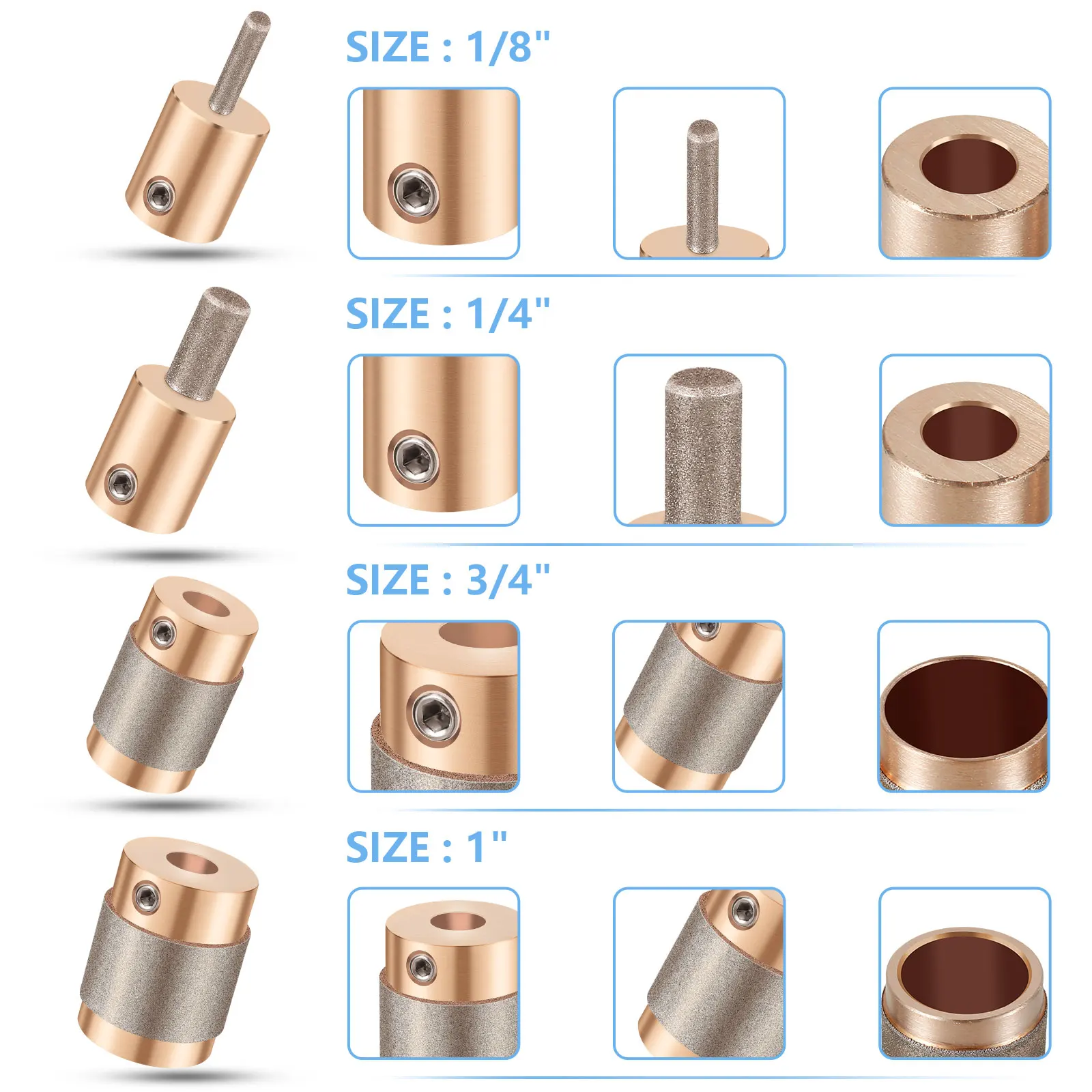 4Pcs Stained Glass Grinder Bit Diamond Grinder Bit Head Tool Set 1inch 3/4inch 1/4inch 1/8inch Multi-Size Brass Core Diamond