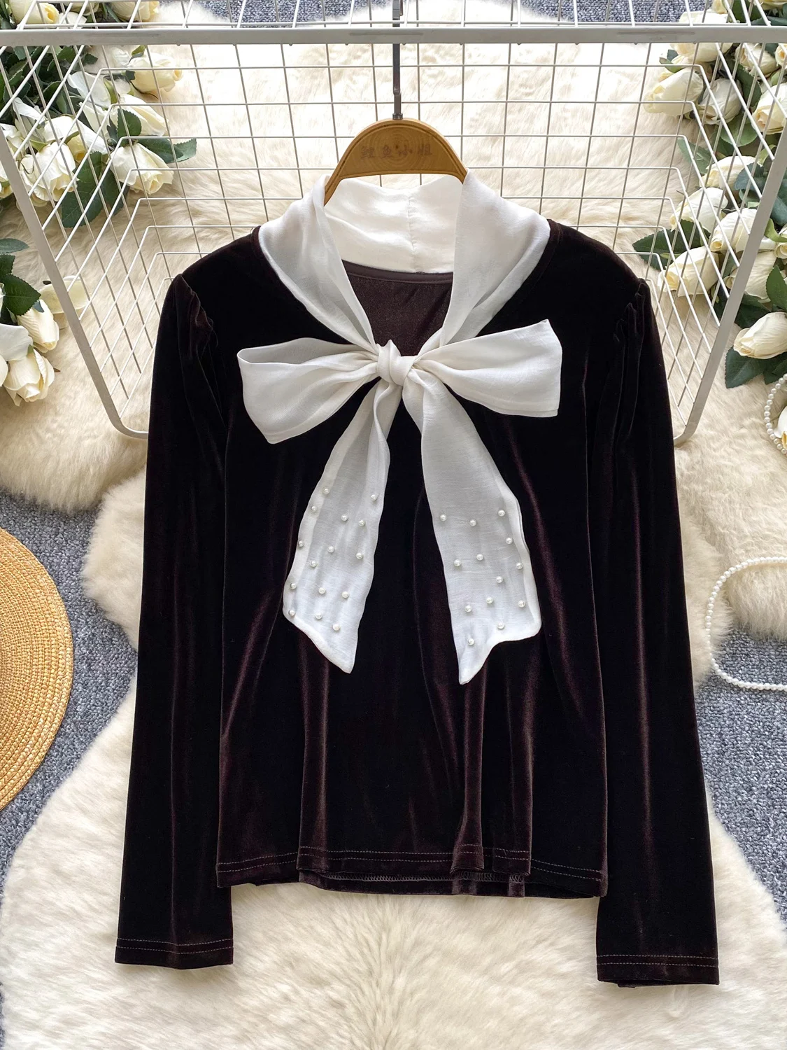 

Retro Velvet irt Women's Loose Long Sve Knot Belted Base Layer irt Autumn Winter Slimming Korean Sle Commute Wind