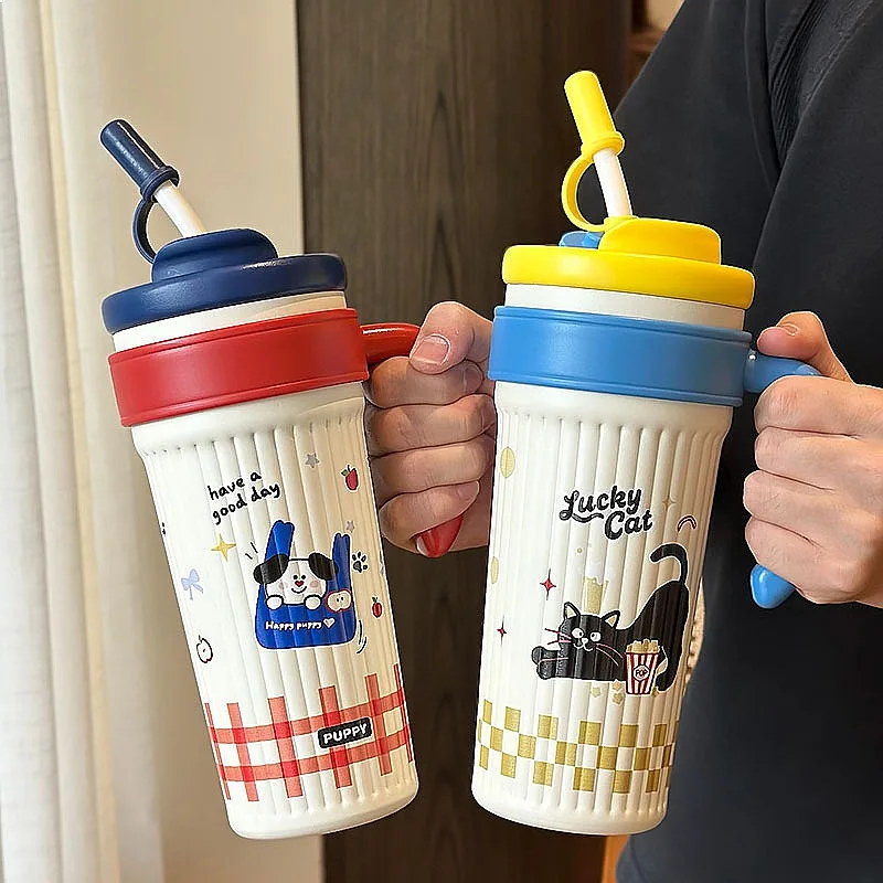 

High Appearance Large Capacity Vacuum Insulated Tumbler Women Handle Cartoon Dual Use Straw Cup Office Coffee Mug Thermos Gift