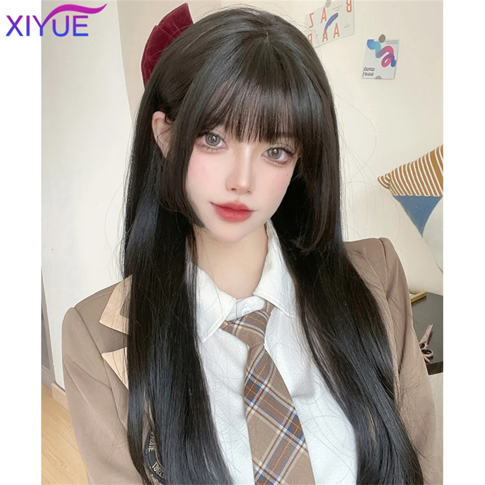 XIYUE Princess Cut Bangs długie proste peruki syntetyczne dla kobiet peruki z naturalnymi falami z grzywką żaroodporne włosy Cosplay