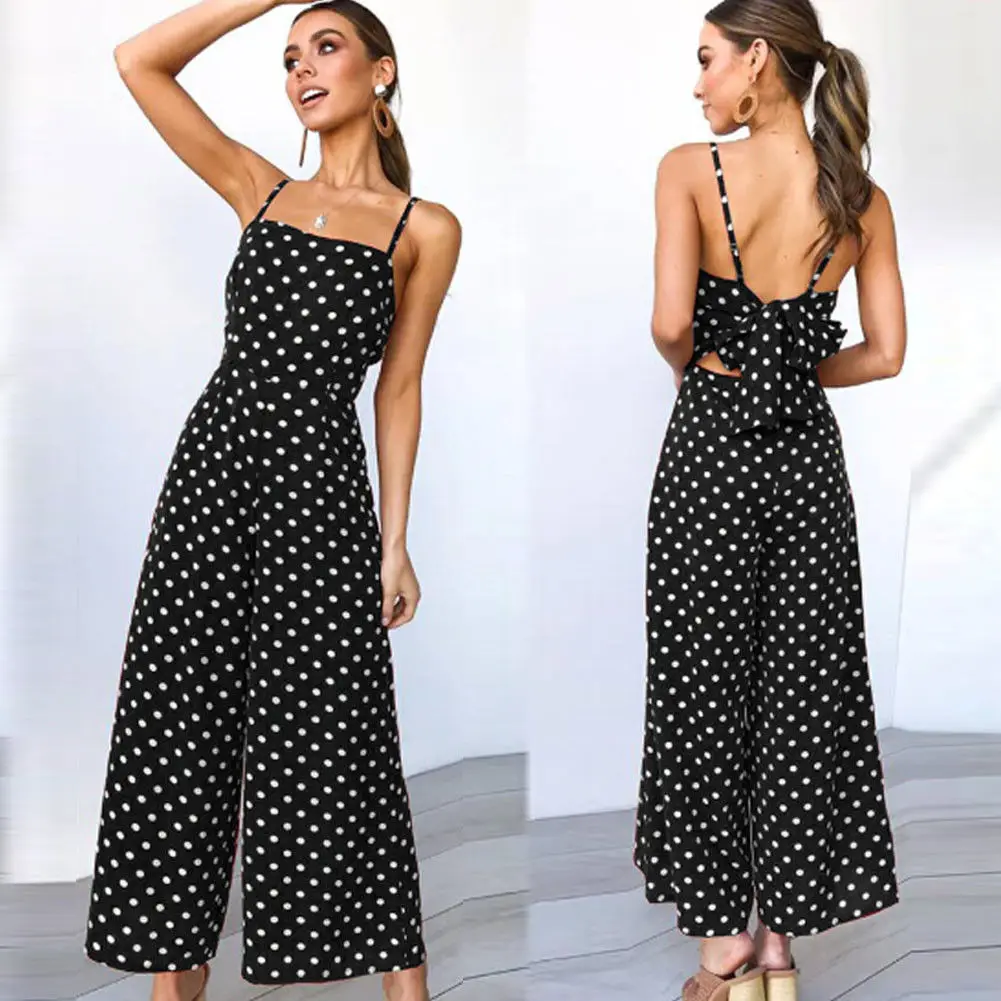 Women Elegant V-Neck Sleeveless High Waist Jumpsuit Summer Sexy Polka Dot Romper Female Loose Wide Leg Playsuits Fashion