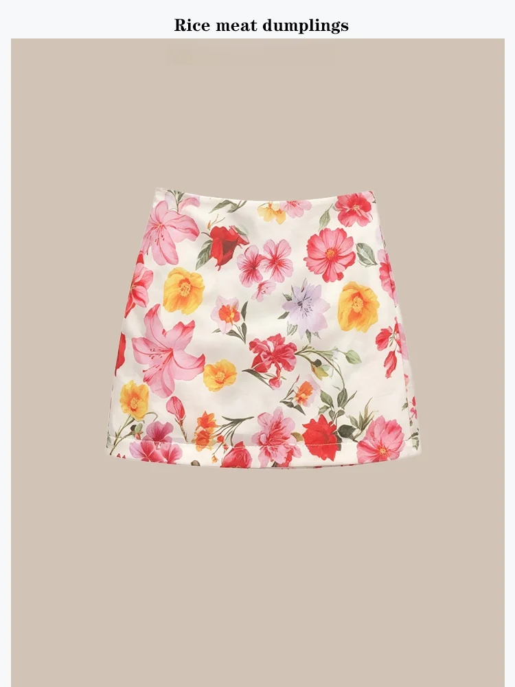 

Unique Korean Beautiful Red Flower Short A-Line Skirt Body Slimming Half-length Polyester Fiber Printed Asymmetrical Skirt