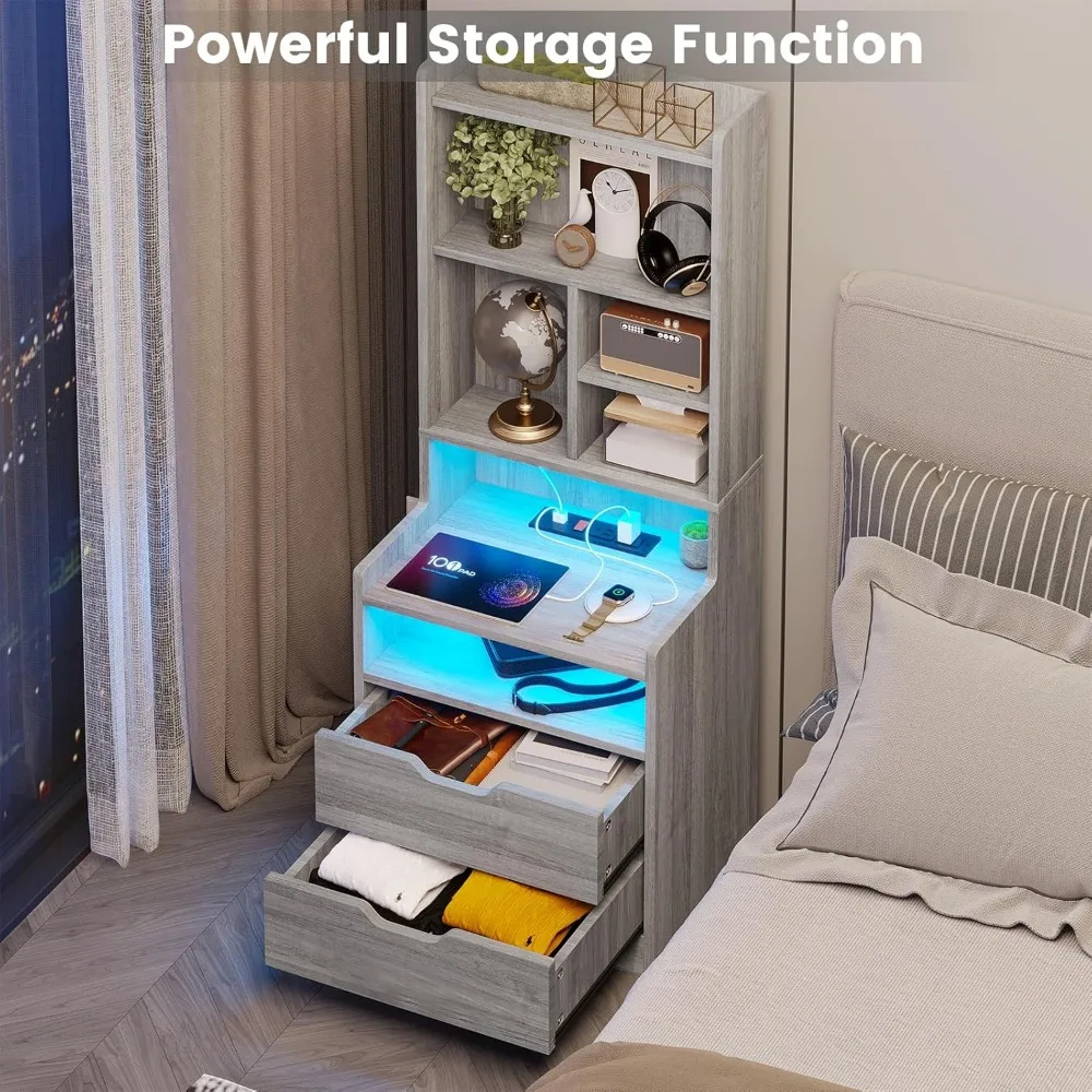 Tall Nightstand with Charging Station and LED Lights, LED Gray Nightstand with Drawers and Shelves, Tall Bedside Table Bookshelf image 6