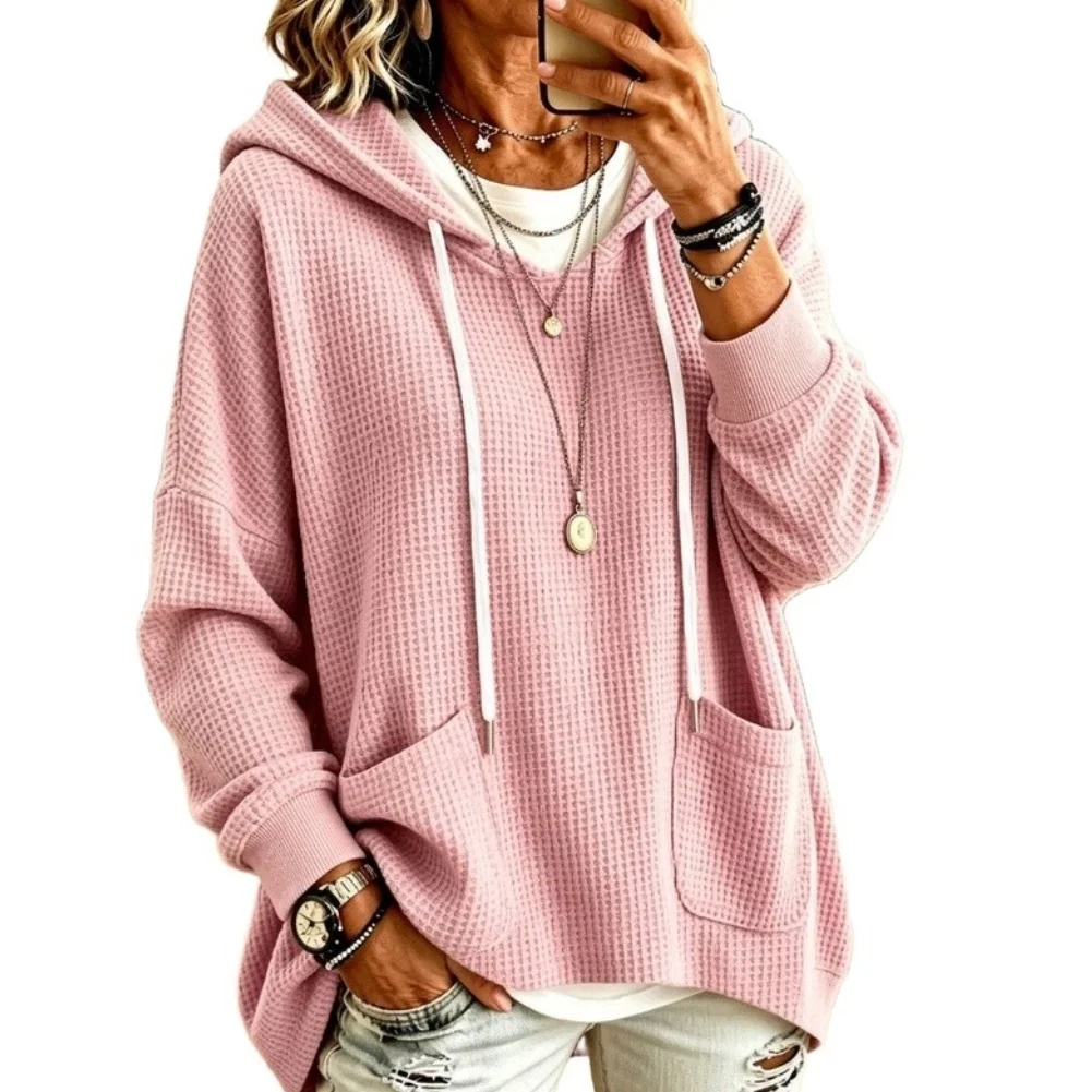 Waffle Texture Women Pullover Hoodie Long Sleeve Loose for Fit Sweatshirt Solid Color Casual for Autumn and Winter