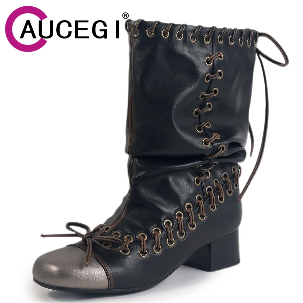 

Aucegi Retro Square Toe Western Ankle Boots Women Low Heel Genuine Leather Fashion Lace-Up Casual Ladies Manual Made Shoes