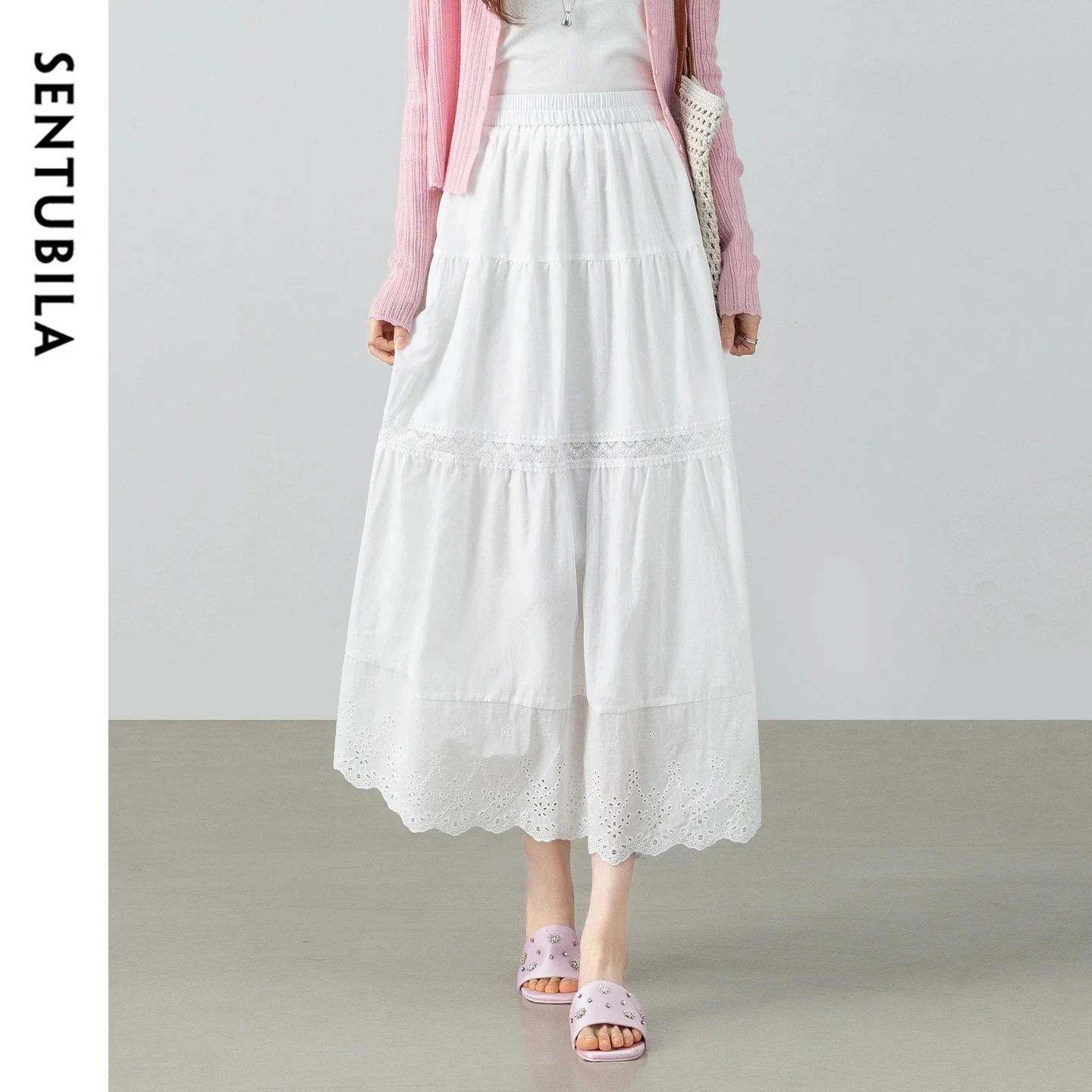SENTUBILA Maxi White Skirt for Women 2026 Autumn Lyocell Blend Elastic Waist Lace Cutout Tiered Skirt Female Clothing 162QA6116