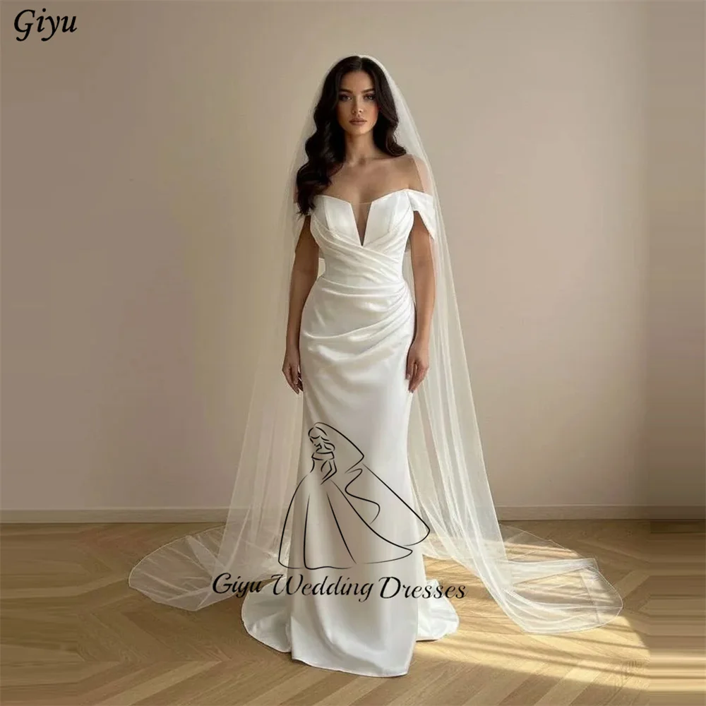 Giyu Elegant V Neck Off The Shoulder Wedding Dresses For Woman Ivory Satin Floor Length Customized Vestidos Novias Boda