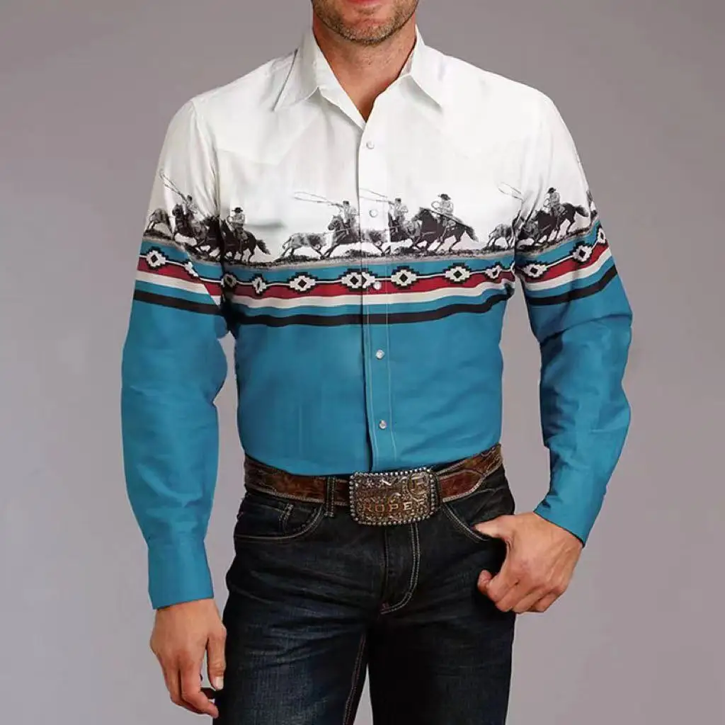 Camisa Retro con estampado 3D de flores para hombre, Top de manga larga con botones y solapa, diseño cómodo para fiesta de disfraces, 2024