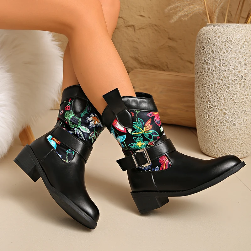 

Vintage Flower Embroidery Western Boots Women Fashion Buckle Thick Heel Ankle Boots Woman Slip On Pointed Toe Short Booties 43