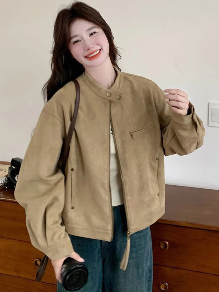 

Zoki Women Faux Suede Y2K Jacket Streetwear Loose Long Sleeve Vintage Coat American Casual Harajuku Retro Stand Collar Fall Tops
