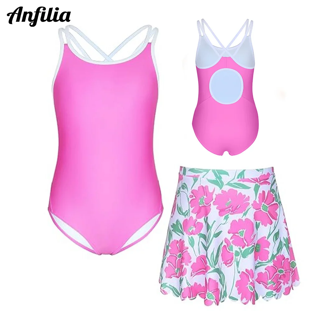 

Anfilia Girls One-piece Swimsuit with Skirt 8-16Y High Elastic Crisscross Back Solid/ Floral Print 2 Piece Swimwear For Beach