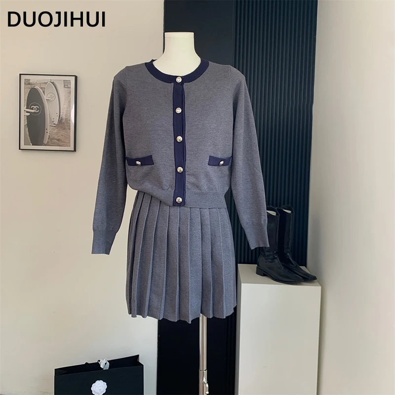 DUOJIHUI Two Piece Fashion Loose Knitted Autumn Female Cardigan New Simple Skirt Chic Single Breasted Spell Color Women Cardigan