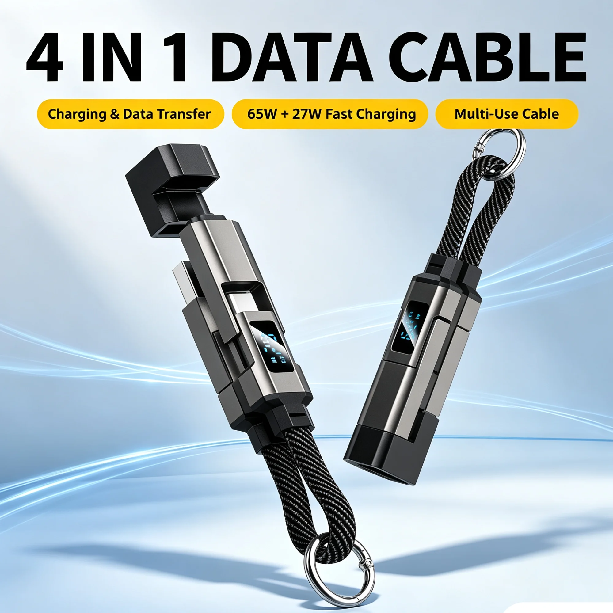 65W PD 4-in-1 Digital Display Short Charging Cable Braided Keychain Lanyard Wire USB A Type C Fast Charging Data Cord Portable