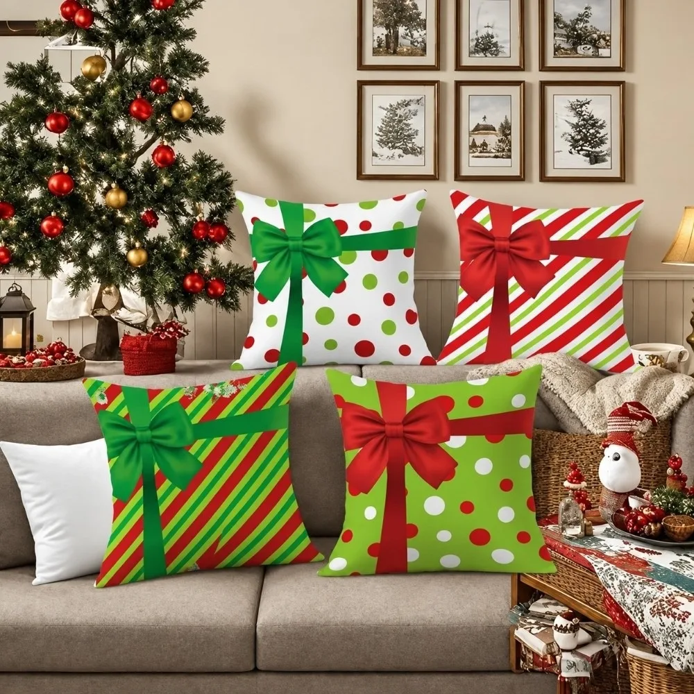 Square Decorative Pillow Cover Polyester Imitation Cotton Silky Short Throw Pillow Case Stripe Polka Dot Invisible Zipper