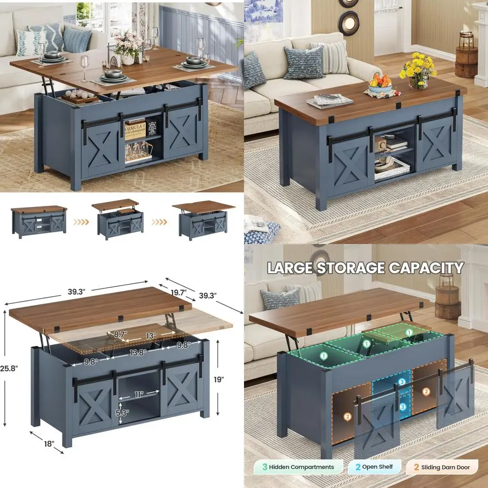 

Convertible Coffee Table with Storage and Hidden Compartment, Multi-Function Farmhouse Style Table for Living Room