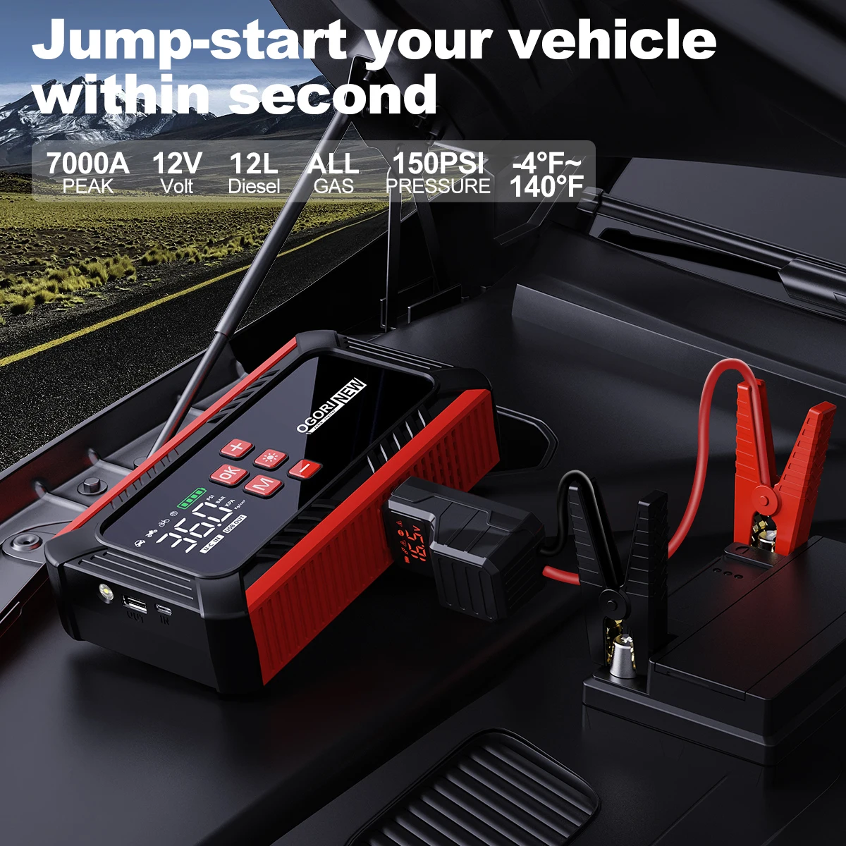 Jump Starter with Air Compressor 150PSI, 8000/9000A Portable Car Battery Booster (All Gas/16L Diesel)