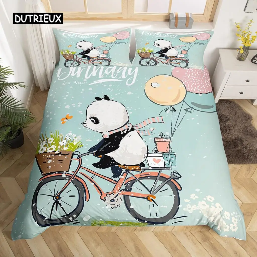 Panda King Full Bedidng Set Kids Romantic Bedding Set Cartoon Animal Duvet Cover Bicycle Balloon Dragonfly Polyester Quilt Cover