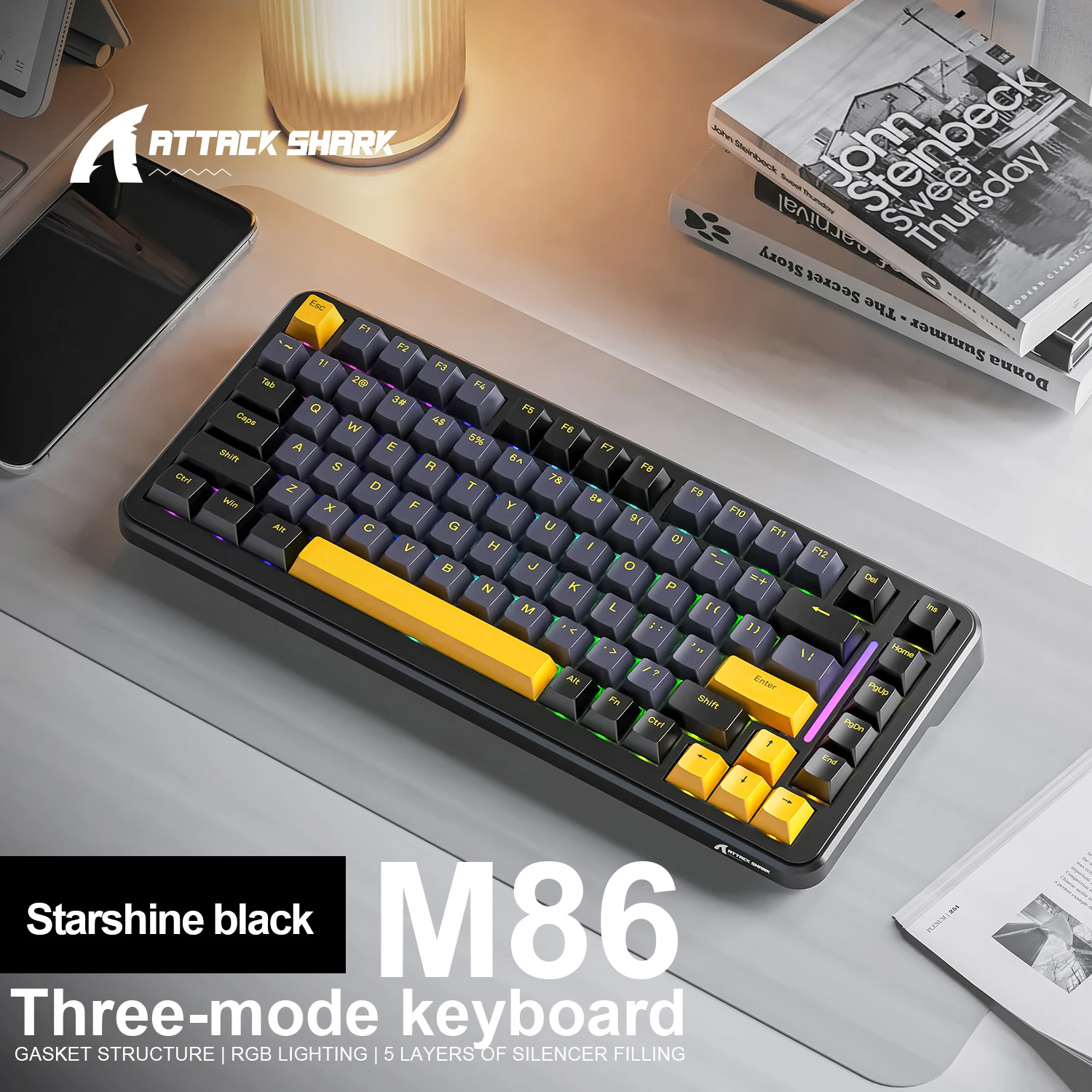 

M86 Attack Shark Mechanical Gaming Keyboard,RGB\4000MAH,82 Keys Hot-Swap,75% Tri-Mode Connection PBT Side Engraved Characters