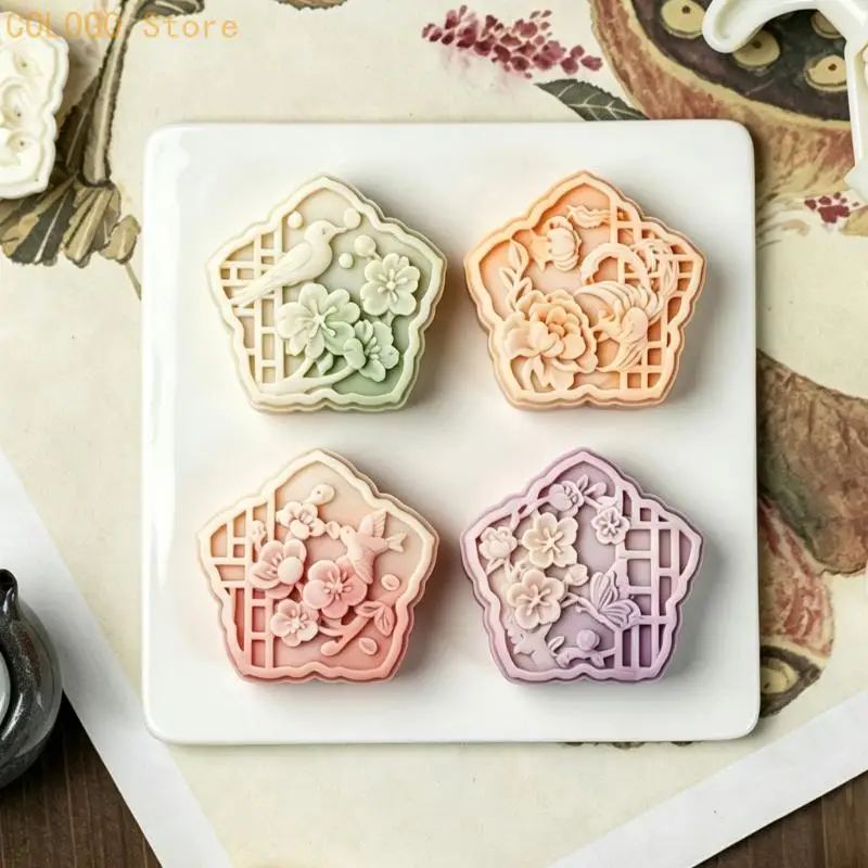 Hand Operated Mooncakes Former Plastic Baking Press with 4 Relief Plates, Kitchen Shaping Tool for Decorative Family Treats and