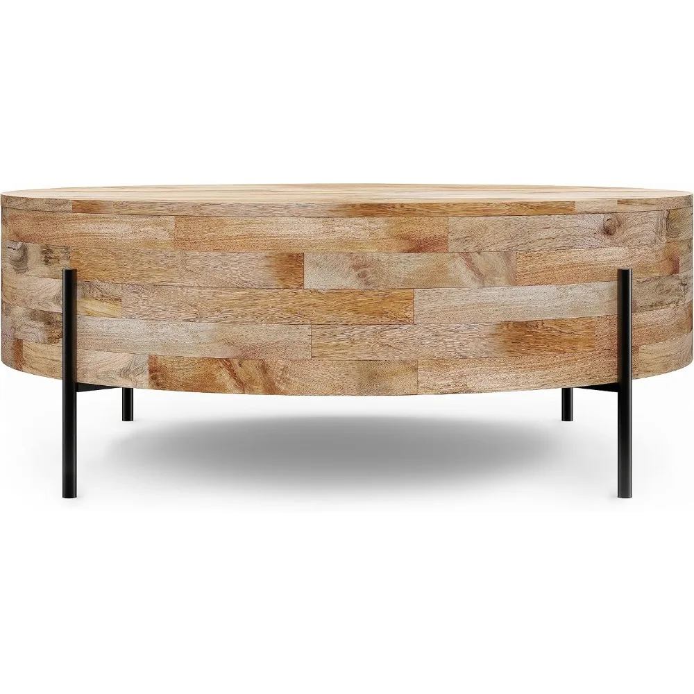 Rayburn Solid Mango Wood 38 inch Wide Round Modern Industrial Drum Coffee Table in Natural for The Living Room and Family Room