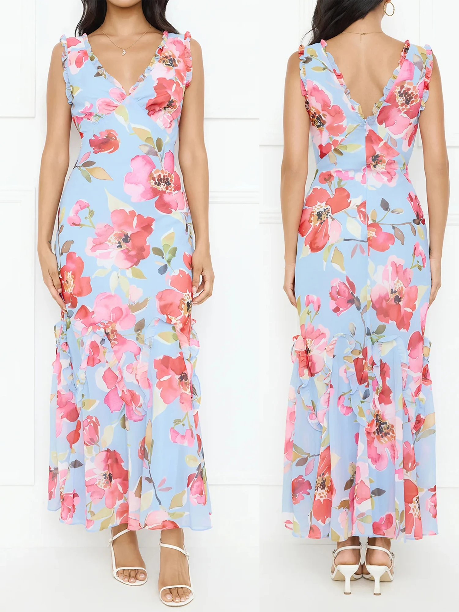 ชุดราตรีทรงเมอร์เมดผ้าลูกไม้หรูหรา ไหล่เฉียง แต่งระบาย คอวีหวาน สำหรับงานพิธีการหรืองานแต่งงาน