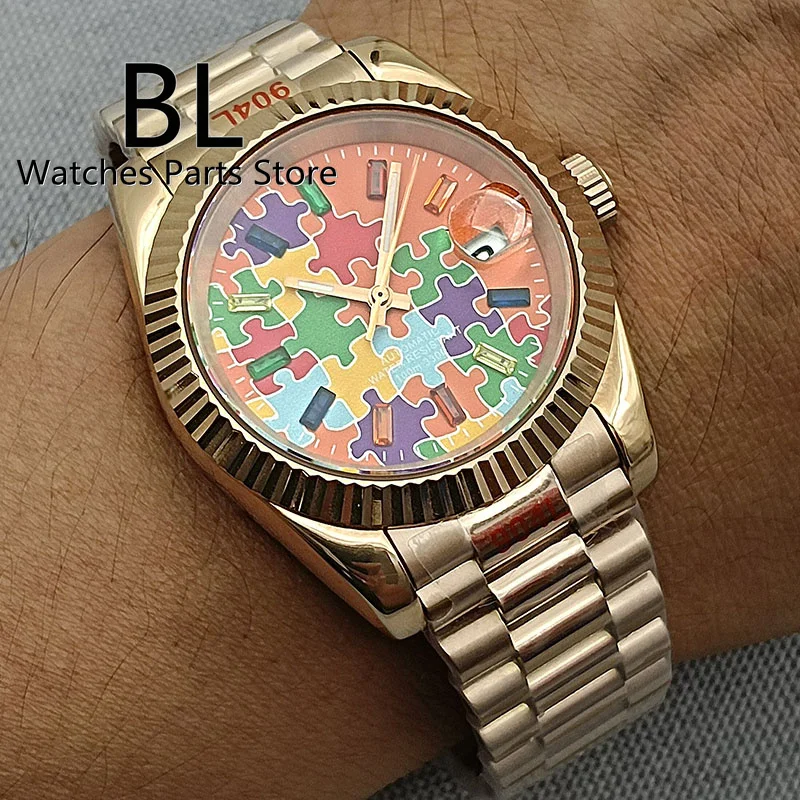 BLIGER 36mm/39mm Men\'s Watch Japan NH35 Automatic Watch Sapphire Glass Orange Puzzle Dial Luminous Rose Gold Fluted Case Jubilee