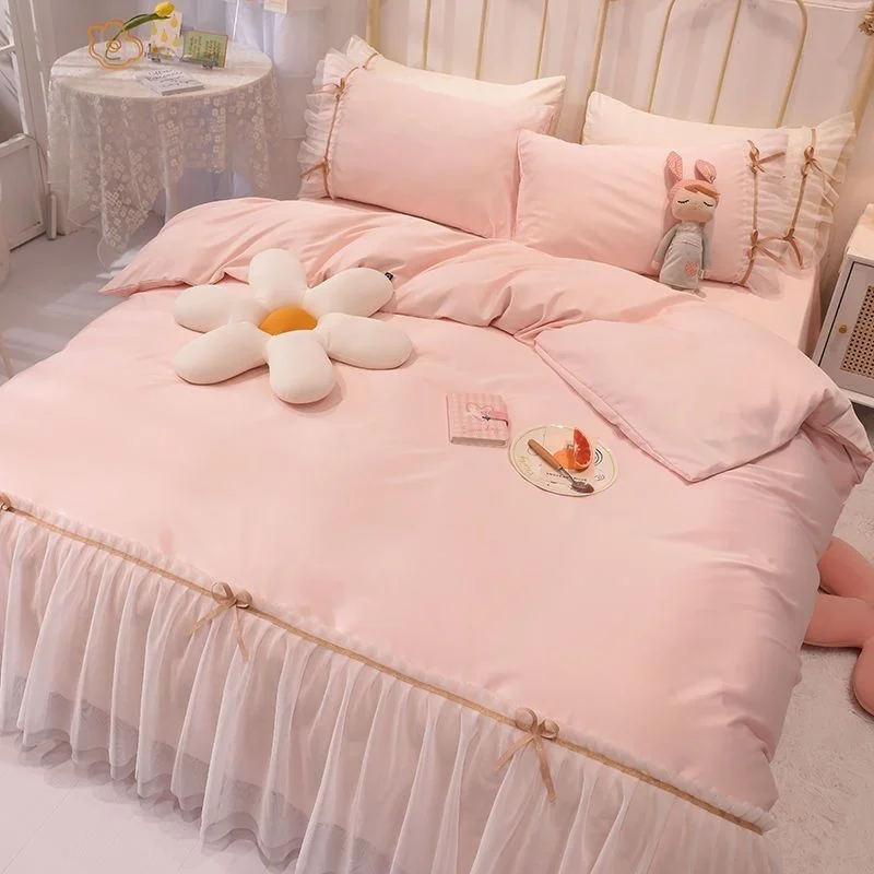 Princess Lace Ruffles Bedspread Bedding Set Ice Silk Bed Sheet Quilt Cover Pillowcases Washed Silk Luxury Solid Color Bedclothes