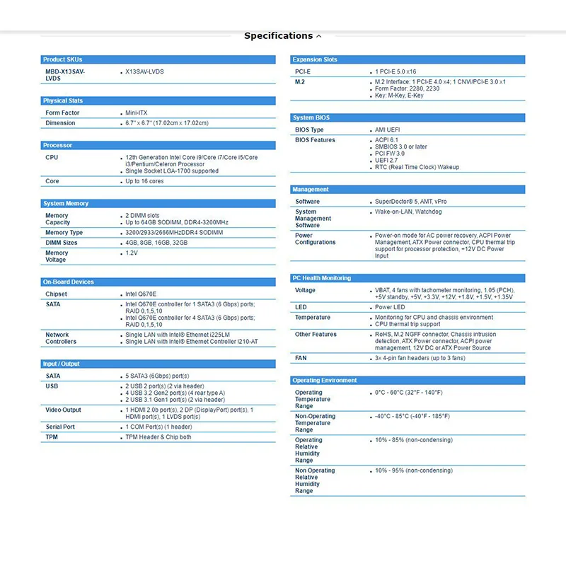 LGA-1700 Support 12th Generation Core i9/i7/i5/i3 DDR4 X13SAV-LVDS Embedded Motherboard Q670E